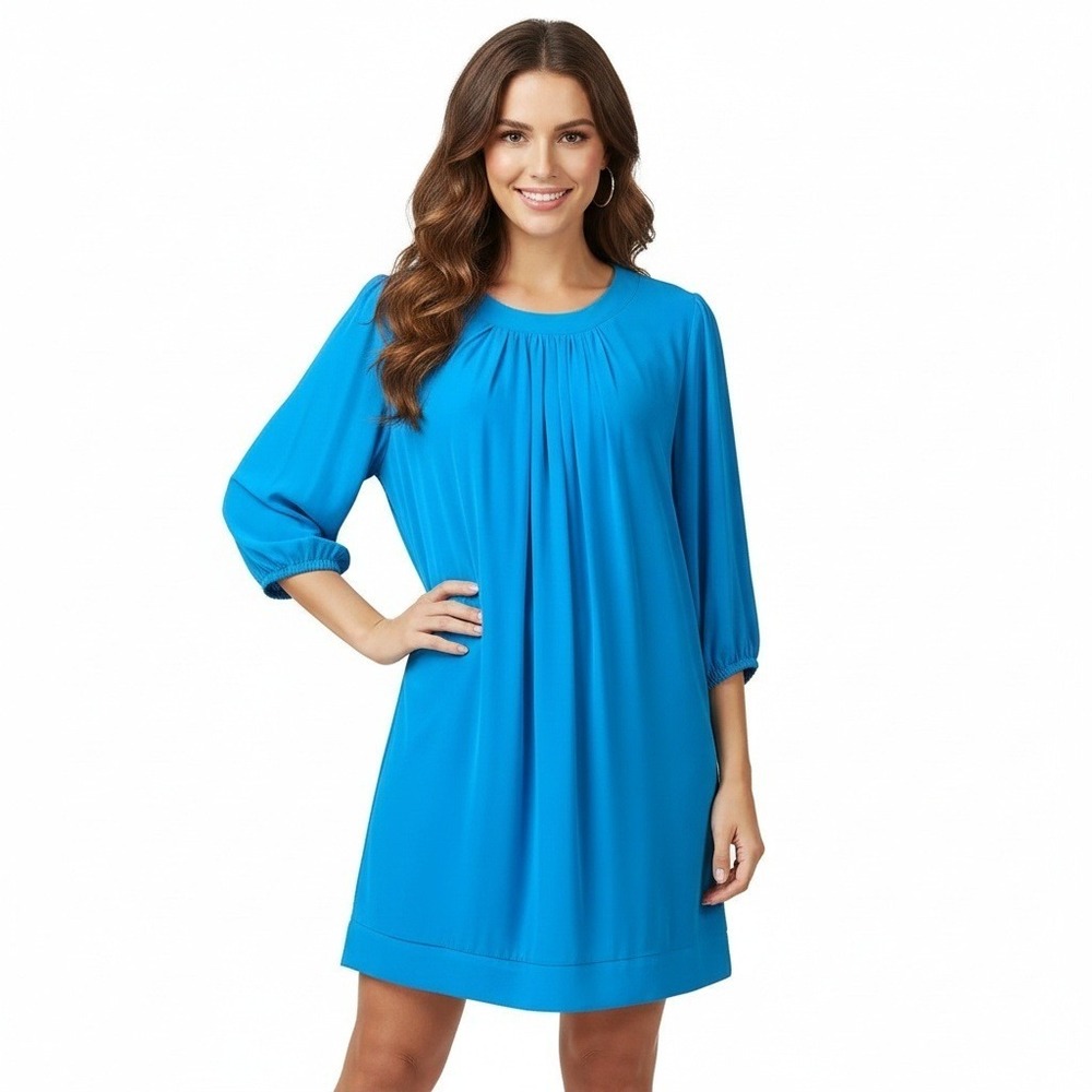 Eva Mendes‎ NY&C Dress Medium Blue Pleated 3/4 Sleeve Lined Chic New Medium